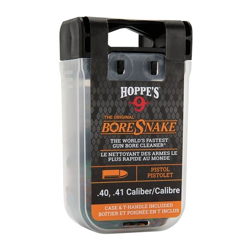 The HOPPES Pistol Bore Snake offers fast, pull-through cleaning with a built-in bronze brush, and is washable, reusable, and easy to store in its compact 'den' case.