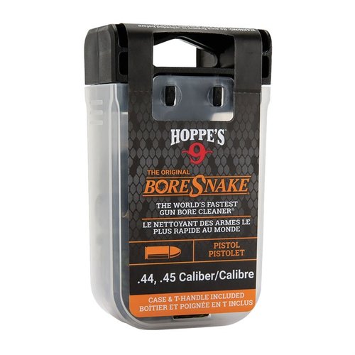 Clean your handgun's barrel swiftly with the HOPPES Pistol Bore Snake, featuring a built-in brush and washable design, all in a convenient carrying case.