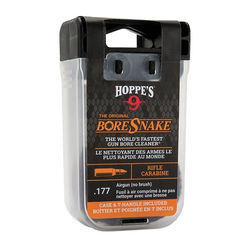 The HOPPES Airgun Bore Snake .177 cleans, oils, and scrubs in one step; washable, reusable, and compact in a convenient carrying case.