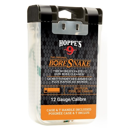 The HOPPES Shotgun Bore Snake cleans your shotgun bore in one step, featuring a bronze brush and braided floss, and comes with a convenient 'den' case for storage.