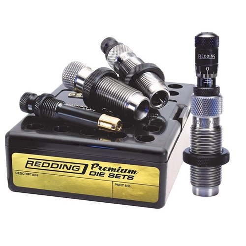 The Redding Premium Handgun Die Set features a Titanium Carbide-sizing die, a TiN-coated expander for durability, and a precise seating die for optimal bullet alignment.