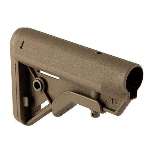 The B5 Systems Bravo Collapsible Stock offers a lightweight, ergonomic design with improved cheek weld, anti-rotation QD mount, and non-slip buttpad for enhanced comfort.