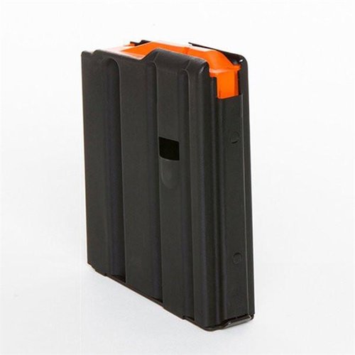 The C-Products 10-round .223 magazine features a durable black stainless steel construction, an orange follower for easy visibility, and a robust Isonite finish.