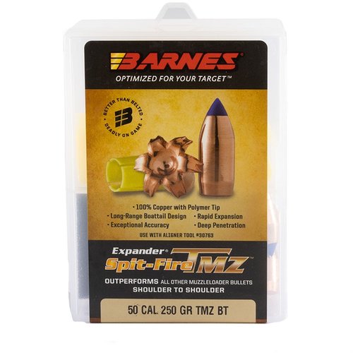 Experience unmatched accuracy and explosive terminal performance with BARNES SPIT-FIRE TMZ BULLETS, designed for 50 caliber rifles, ensuring superior knockdown power.