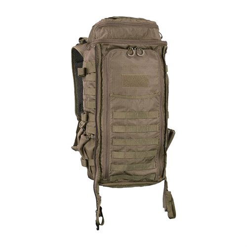 The Eberlestock Little Brother Pack offers 1,800 cubic inches of storage, hydration options, and MOLLE webbing, perfect for pairing with firearm-transport gear.