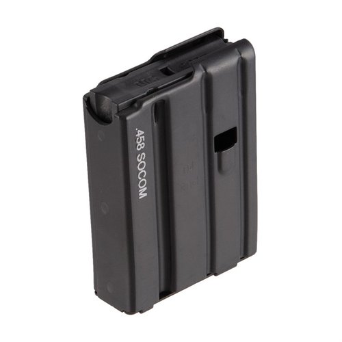 .458 SOCOM magazines by D&H Industries are durable aluminum with a sleek black finish, perfect for AR-15 rifles, available in 4-round and 10-round options.
