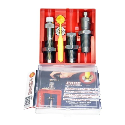 The LEE Precision Pacesetter 3-Die Set includes a Full Length Sizing Die, Bullet Seating Die, and Factory Crimp Die, perfect for precise reloading on any 7/8