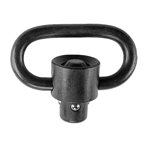 The BCM Gunfighter Quick Detach Sling Swivel features a flush plunger for safety, durable carbon steel construction, and is designed for 1.25-inch wide slings.