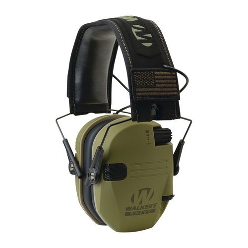 Protect your hearing with Walkers Razor Patriot Series muffs, featuring 23dB sound reduction, HD speakers, and a patriotic design for comfort on the range.
