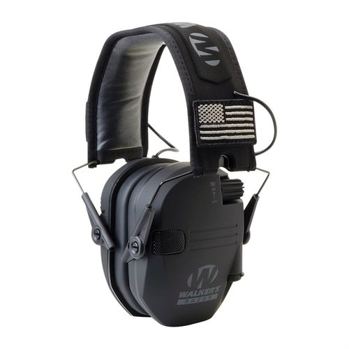 Protect your hearing with Walkers Razor Patriot Series muffs, featuring 23 dB sound reduction, HD speakers, and a patriotic design for comfort on the range.