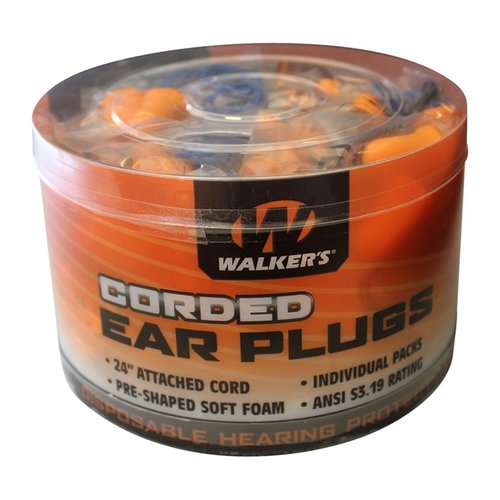 Walkers Corded Foam Ear Plugs offer 32 dB sound reduction, stay secure with a 24-inch cord, and come in a 50-pair bucket for easy access and use.