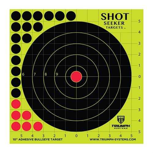 Triumph Systems Shot Seeker targets feature bright yellow halos for easy shot identification, 1-inch grids for quick sighting, and 22 reactive pasties to extend target life.