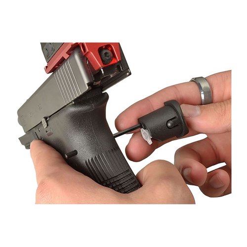 The Strike Industries Grip Plug Tool for Glock® offers a stainless steel punch, disassembly aid, oil reservoir, and doubles as a magazine ramp for smooth reloads.