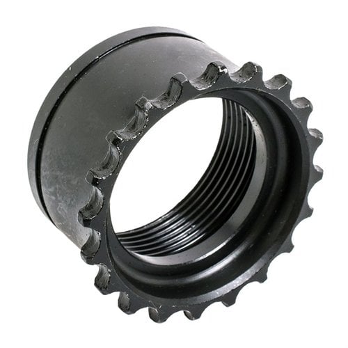 CMMG's AR-15 Barrel Nut is a durable mil-spec component, machined from steel with a sleek black finish, ensuring compatibility with mil-spec barrels and upper receivers.