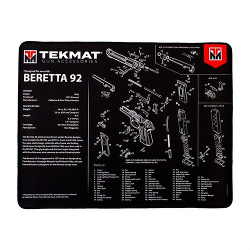 The TekMat Ultra 20 Pistol Cleaning Mat features waterproof, scratchproof design with firearm schematics, ensuring easy disassembly and reassembly for your Beretta 92.