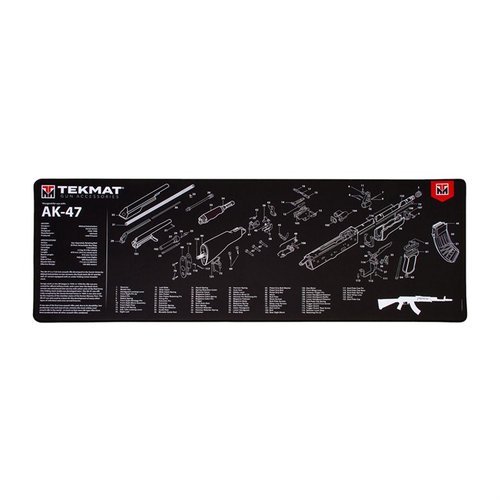 The TekMat Ultra 44 Long Gun Cleaning Mat features waterproof, scratchproof, and chemical-resistant properties, plus a detailed schematic for easy firearm maintenance.