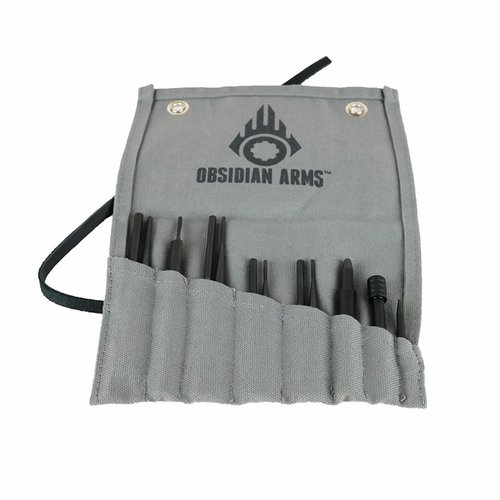 The Obsidian Arms AR-15 12-Piece Punch Set features durable 4140 alloy steel punches, including specialized tools, all backed by a lifetime warranty.