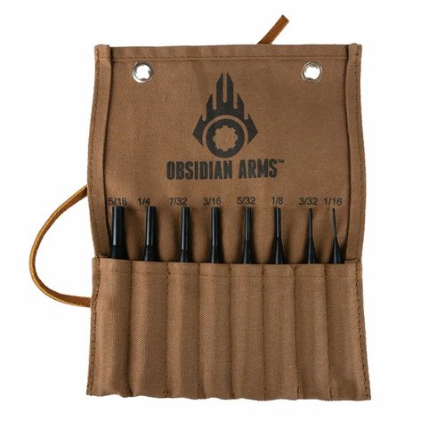 The Obsidian Arms 8-Piece Punch Set is compact, durable, and includes essential sizes for gunsmithing, crafted from corrosion-resistant 4140 alloy steel.