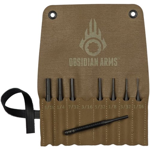 The Obsidian Arms 8-Piece Punch Set is compact, durable, and includes essential sizes for gunsmithing, crafted from corrosion-resistant 4140 alloy steel.