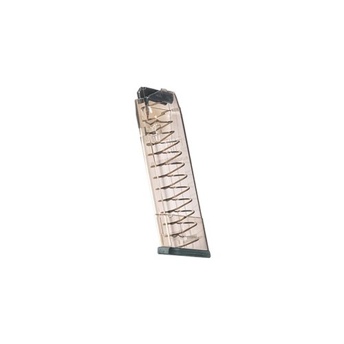 .45 Glock® 21, 30, 41 compatible magazine with 18-round capacity; features extreme impact resistance, easy disassembly, and a translucent body for ammo visibility.