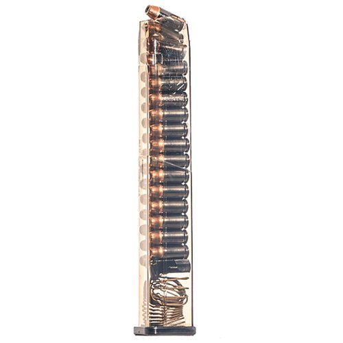 .45 Glock® 21, 30, 41 compatible magazine with 30-round capacity, extreme impact resistance, easy disassembly, and translucent body for ammo visibility.