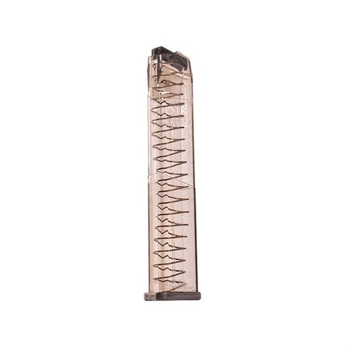 The 10MM Magazine for Glock® offers 30-round capacity, extreme impact resistance, easy disassembly, and a translucent body for ammo visibility, backed by a lifetime warranty.