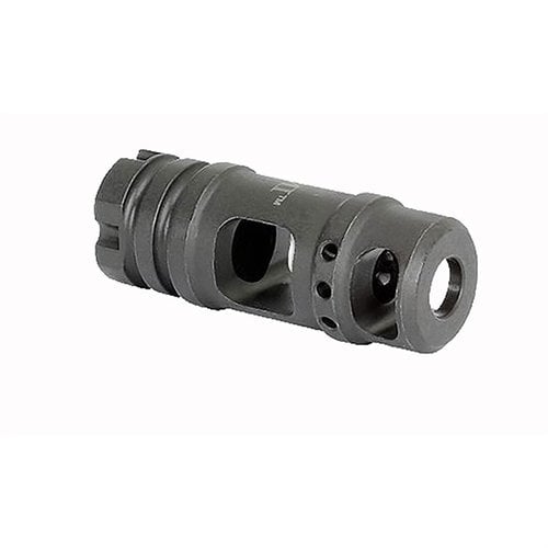The Midwest Industries AK-47 Muzzle Brake features a large two-port design to reduce recoil and muzzle climb, made from durable tool steel with a lifetime warranty.