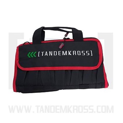 The TANDEMKROSS TandemKase Pistol Bag features a padded interior, adjustable strap, secure magazine pockets, and bright muzzle direction arrows for safe handling.