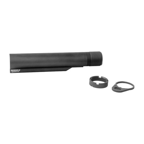 The Geissele Premium Mil-Spec Buffer Tube is made from 7075-T6 Aluminum, features 6 stock positions, and includes a castle nut and end plate for durability and compatibility.