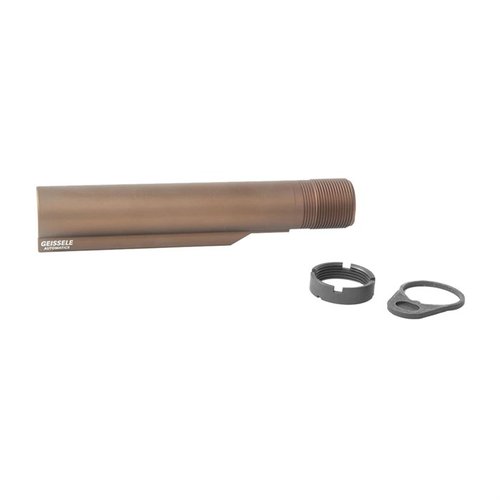 The Geissele Premium Mil-Spec Buffer Tube offers durability with 7075-T6 Aluminum, 6 stock positions, and includes a castle nut and end plate for AR-15 compatibility.