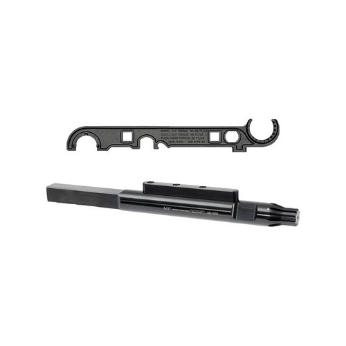 The Midwest Industries Armorer's Wrench features a durable 4140 steel construction, versatile compatibility with AR components, and includes a receiver rod for stubborn barrel nuts.