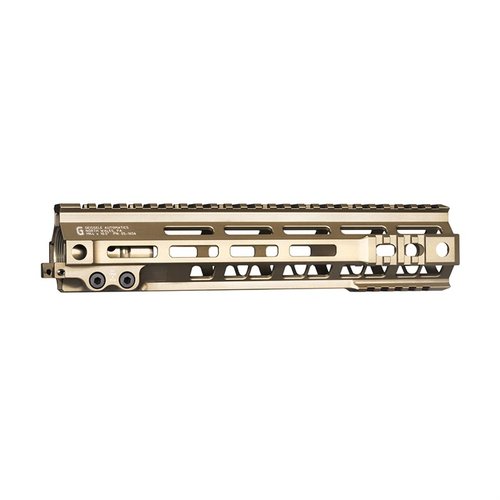 The Geissele MK4 M-LOK rail is ultra-lightweight with maximum heat dissipation, offering modularity with M1913 sections and M-LOK slots for versatile accessory attachment.