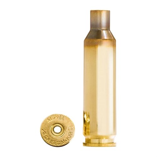Alpha Munitions 25 Creedmoor brass features Small Rifle primers, durable OCD optimized case head technology, and ships in protective 100 count cases.