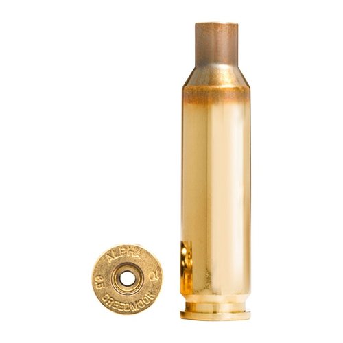 Alpha 6.5mm Creedmoor brass features OCD optimized case head technology for extended primer pocket and case life, available in 100 count with protective packaging.