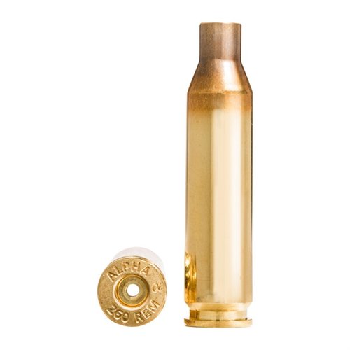 Alpha Munitions 260 Remington brass features OCD optimized case head technology for enhanced durability, available in Large or Small Rifle pockets, 100 per box.