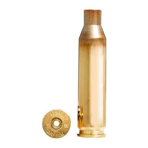 Alpha Munitions 260 Remington brass features OCD optimized case head technology for enhanced durability and primer pocket life, available in Large or Small Rifle pockets.
