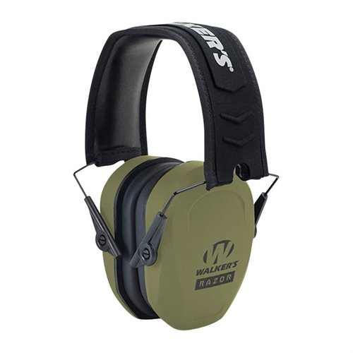 Walkers Razor Slim Passive Muffs offer 27 dB NRR, low-profile earcups for a solid cheek weld, and a collapsible design for easy transport, ideal for range use.