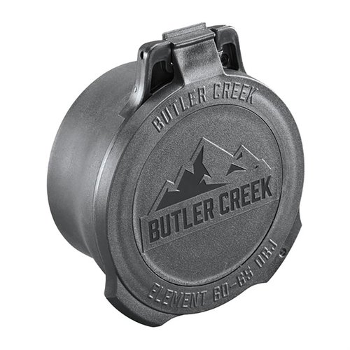 The Butler Creek Element Scope Caps feature a rugged multi-flex sleeve and a flip-out dope disk for essential wind and elevation data, perfect for precision shooting.