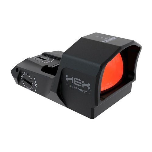 The HEX Dragonfly offers fast target acquisition with a 3.5 MOA red dot, 8 brightness levels, durable construction, and a 16-hour auto-off feature for battery efficiency.