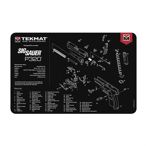 Protect your SIG Sauer P320 with the TEK MAT cleaning mat, featuring a soft polyester top, non-slip neoprene backing, and an exploded parts diagram for easy reference.