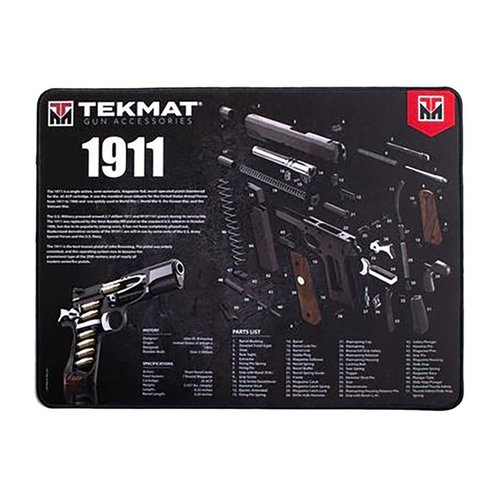 The TekMat Ultra 20 Pistol Cleaning Mat is waterproof, scratchproof, and features detailed firearm schematics, ensuring easy disassembly and reassembly.