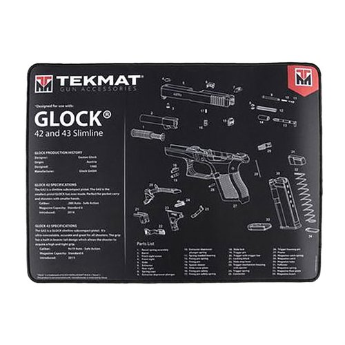The TekMat Ultra 20 Pistol Cleaning Mat offers waterproof, scratchproof, and chemical-resistant features, complete with firearm diagrams for easy disassembly.