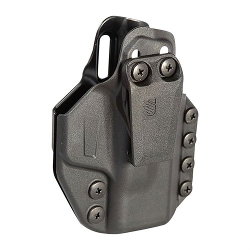 The Blackhawk Stache IWB holster offers modular design, superior comfort, and rigidity, crafted from impact reinforced polymer for optimal concealed carry.