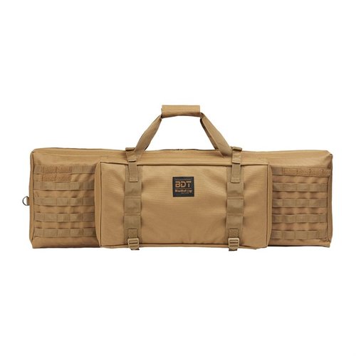 The Bulldog Cases Standard Single Tactical Rifle Case features a zippered rifle compartment with adjustable Velcro ties, extra magazine storage, and a padded shoulder strap for easy transport.