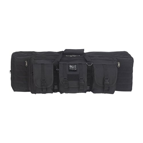 The Bulldog BDT Elite Double Tactical Rifle Bag features lockable compartments, padded straps, heavy-duty zippers, and high-visibility pockets for secure storage.