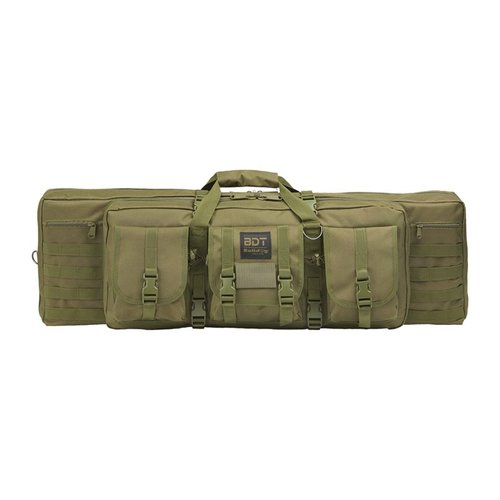 The Bulldog BDT Elite Double Tactical Rifle Bag features lockable compartments, padded straps, high-visibility pockets, and internal dividers for secure rifle storage.