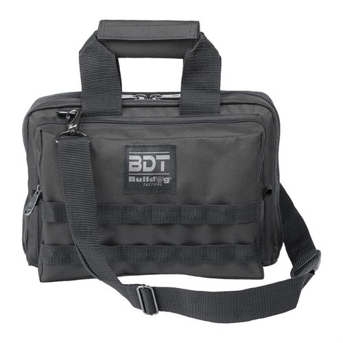 The Bulldog Cases Deluxe 2 Pistol Range Bag features heavy-duty zippers, MOLLE webbing, and large pockets for 2 pistols & 8 magazines, all water-resistant.