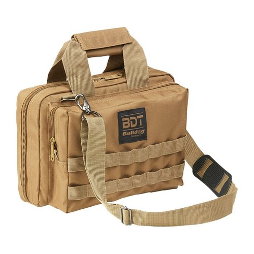 The Bulldog Cases Deluxe 2 Pistol Range Bag features heavy-duty zippers, MOLLE webbing, and large pockets to securely hold 2 pistols and 8 magazines.