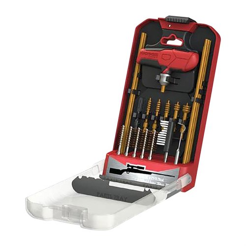 The Birchwood Casey 21-Piece Rifle Cleaning Kit features a kickstand case, locking handle, and essential tools for efficient maintenance of various calibers.