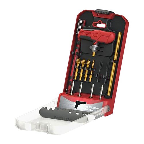 The Birchwood Casey 16-Piece Handgun Cleaning Kit features a custom handle with locking chuck and an innovative case design for displaying and protecting tools.